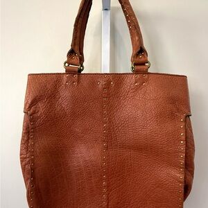 Linea Pelle Brown Studded Leather Tote Bag OS Boho Large Carryall